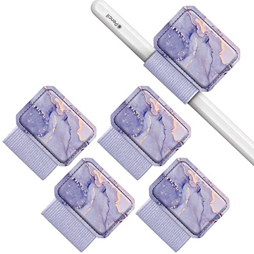 FINTIE 4 stycken självhäftande pennhållare för Apple penna och penna | Elastisk pennhållare i konstläder för anteckningsbok, kalender, surfplatta, mapp, marmor lila