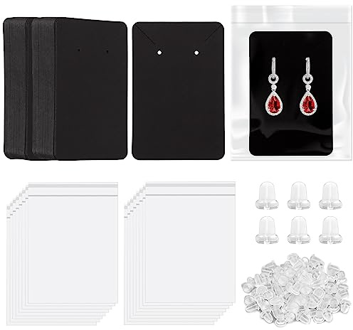 Keadic 300Pcs Black Earring Display Holder Cards Set with Accessories, Earring Packaging Supplies Kit for Hanging Ear Studs and Dangle Earrings (3.5” x 2.3”)