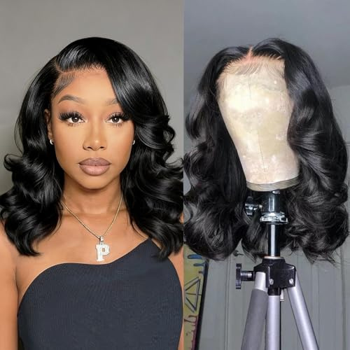 Douyin Bob Wig Human Hair 13x4 Lace Front Wigs Human Hair Pre Plucked Body Wave 180% Density 14 Inch HD Lace Frontal Short Glueless Wigs for Women (14 inch, Natural Black)