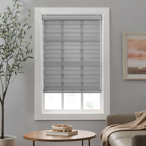 Eclipse Zebra Cordless Roller Shades, Dual Layer Fabric Window Shades, Light Filtering Shades for Privacy, Easy Lift Blinds with Cassette Valance, 35 in Wide x 72 in Long, in Grey
