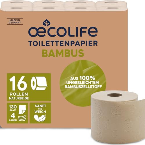 oecolife Toilettenpapier BAMBUS, 3-lagig, 16x150 Blatt, superweich, veganes Produkt, WC Papier, nachhaltiges Klopapier, Verpackung mit 60% PCR-Anteil