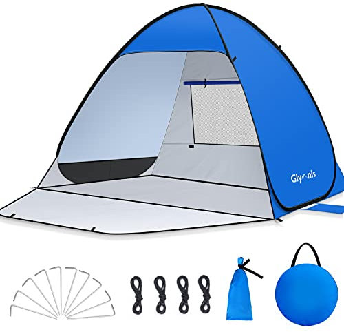 Glymnis Strandmuschel Pop Up Strandzelt Strand Zelt mit Reißverschlusstür UV-Schutz 50+ Windschutz kleines Packmaß Blau Strandzelt