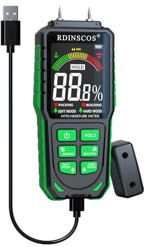 RDINSCOS Moisture Meter Damp Meter for Wood Moisture Detector with Color Display Rechargeable Moisture Tester for Firewood,Wall,Building Material