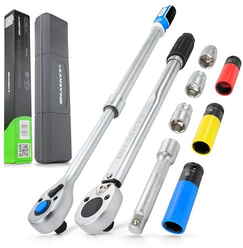 HASKYY Radwechselset 9 tlg. Drehmomentschlüssel 1/2 28-210 Nm & Umschaltknarre Teleskop 46-60 cm, Steckschlüssel Satz