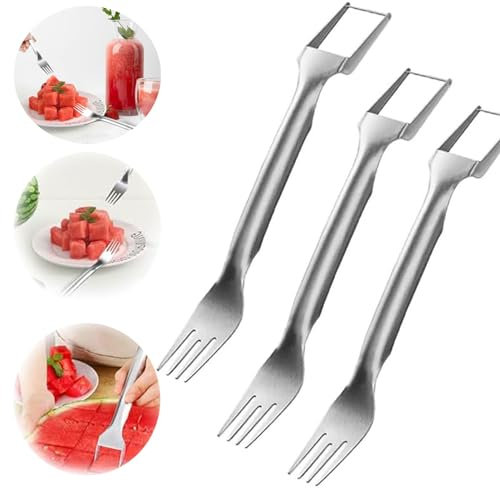 Cortador de frutas 2 en 1 de acero inoxidable, 2024, nueva herramienta de corte de molino de viento de sandía, cuchillo de corte de doble cabeza, tenedor de fruta de verano (3 unidades)