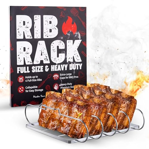 Rib Rack for Smoking & Grilling, Holds up to 4 Full Racks of Ribs, Foldable Design, Fits Large Gas Smoker or Charcoal Grill, Perfect BBQ Accessory, Smoker Accessories, Gifts for Men, Father