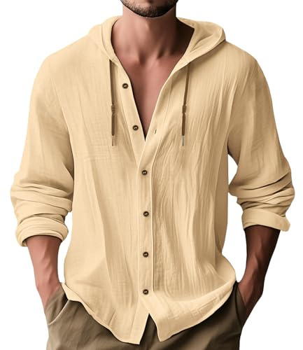 MakingDa Camisa con capucha para hombre, de manga larga, ligera, de lino, con botones, para la playa