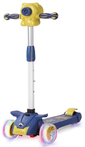 Kids Scooter with Bubble Machine for 3-10 Ages Kids, 3 Wheel Kick Scooter with LED Multi Color Wheel Lights and 3-Height Adjustable Handlebar, Toddler Scooter Lean to Steer for Boys & Girls (Blue)