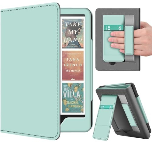 TNP-stativfodral för Kindle Paperwhite 12:e generationen 2024/Kindle Colorsoft Signature Edition med handrem och kortplats – 7 tum skyddande fodral i PU-läder, med automatisk väckning/sömn, agave-grön