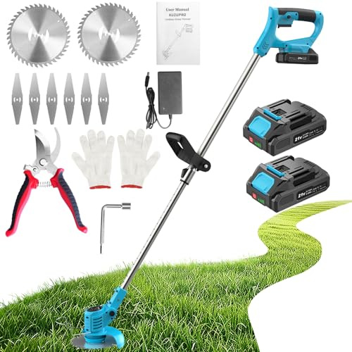 Rasentrimmer mit Akku 21V, KUZUPRO Akku Freischneider mit 2 Akkus 2.0Ah, 2 Arten von Metal Klingen Akku Rasentrimmer, Gartenschere, Verstellbarer Griff für Rasen Garten Beschneiden, Blau