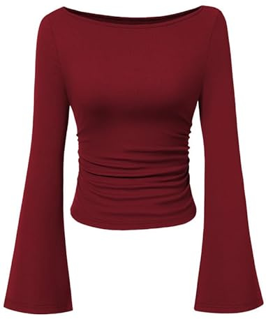 Sukiglam Camiseta Mujer Manga Larga Elegante Cuello Barco Top Ajustado de Punto Canalé Básico Elástico Camisetas Mangas Campana Casual Suave Blusa Cómoda Sexy T-Shirt para Otoño/Invierno