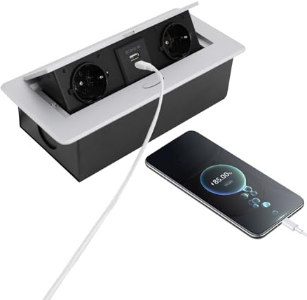 Fyssnn infällbart uttag, grenuttag med USB-A & USB-C & 2-vägs & 1,8 m kabel, bordsskiva inbyggt uttag för kök kontor vardagsrum bänkskiva soffbord kontor (vit)