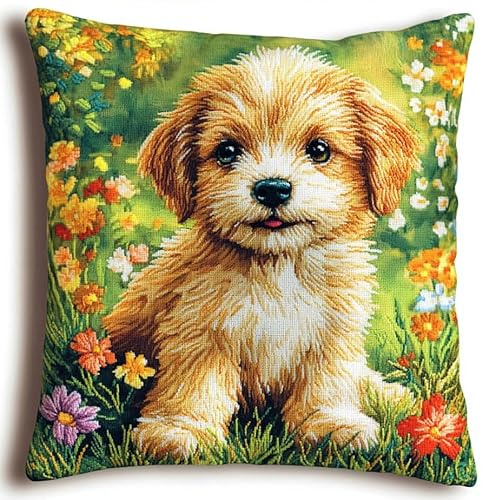 AMBATTERY Kreuzstich Kissen Set Vorgedruckt, Tiere, Hunde und Blumen Kreuzstichkissen Zum Dekorieren 45X45cm Stickkissen Zum Selbersticken Kreuzstich Set Vorgedruckt Kissenbezug