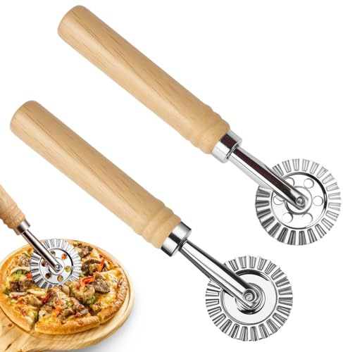Juego de 2 ruedas de masa con mango de madera, rueda ondulada de 16 cm y 14 cm para raviolis y pasta, cortador de masa profesional de aleación de zinc, incluye ruedas de corte de 5 cm y 3,9 cm, para