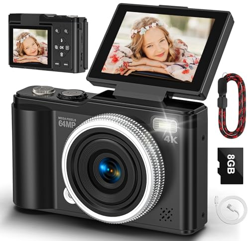 Cámara digital, cámara digital compacta 4K 64MP con enfoque automático y función macro, pantalla abatible de 180°, cámaras selfie portátiles para fotografía y video con tarjeta micro SD de 32 GB para
