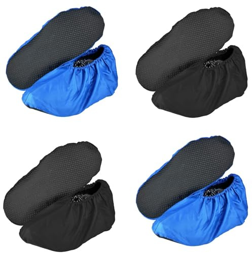 Shoe Covers Reusable 4 Pairs, Waterproof Non-Slip Overshoes, Thickened Dustproof Shoe Covers for Keeping Floor Carpet Clean, Household Oxford Cloth Shoe Covers for Indoor Use (Black, Royal Blue)