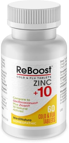 MediNatura ReBoost Cold & Flu Tablets Zinc +10 – Multi-Symptom Relief for Body Aches, Headache, Cough, Runny Nose, Mucus, Chest & Sinus Congestion – Non-Drowsy – Lemon Flavor – 60 Count