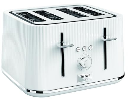 Tefal Loft 4-Slot Toaster with Extra-Wide Slots, Adjustable Browning, Defrost & Reheat Functions, Removable Crumb Tray, High Lift Lever, Classic Grooved Design in White
