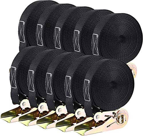 10 PCS 800 kg Sangle à Cliquet, Sangle d'Arrimage avec Tendeur, Sangle de Serrage en Polyester, Certifié CE, Longueur 6 m, Largueur 25 mm, Noir