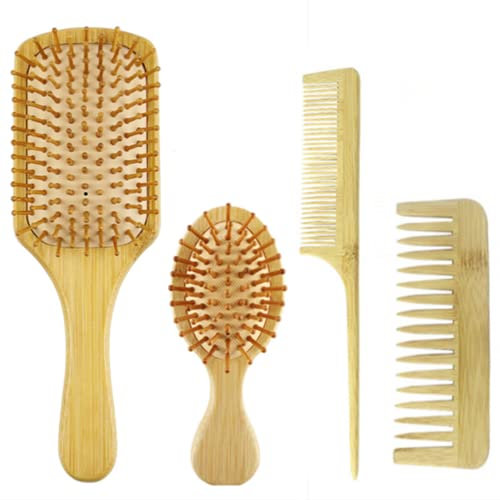 LATRAT Lot de 4 brosses à cheveux en bambou pour cheveux épais, cheveux droits, cheveux bouclés, cheveux secs et mouillés