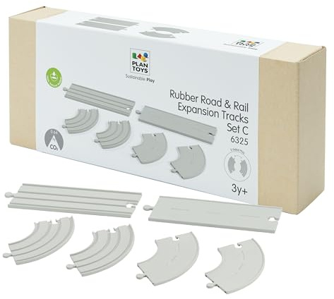 PlanToys® Rubber Road & Rail Expansion Tracks Set C Montessori Play Accessory | Imagination, Problem Solving and Creative World Building | Eco Friendly Track Set