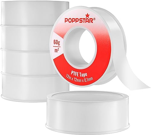 Poppstar Teflontejp 12m x 12mm x 0,1mm (60g/m² PTFE-tätningstejp, FRp för fina gängor, lämplig för dricksvatten), 5 rullar
