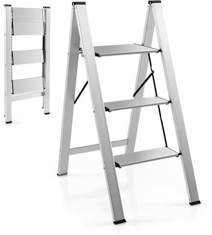 TANGZON Folding 2/3 Step Ladder, Aluminum Step Stool with Widen Anti-Slip Pedals, 150KG Portable Tread Stepladder for Household Office Garage Shop (65 x 44 x 89 cm, 3 Step without Handrail)