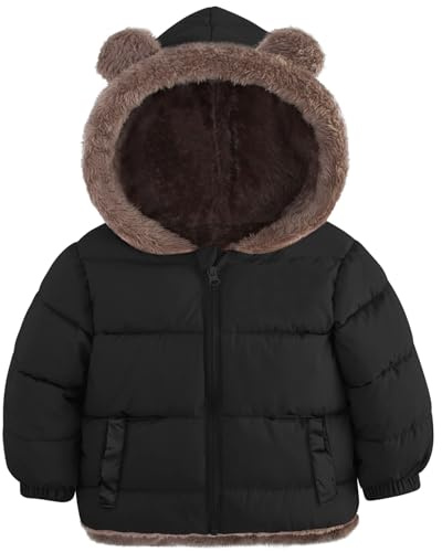 Kids4ever Manteau d'hiver pour tout-petits pour bébé garçon avec oreilles d'ours, veste à capuche, polaire chaude, fermeture éclair, vêtements d'extérieur avec deux poches, noir, 2-3 ans