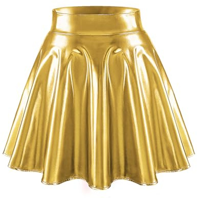 Bridesmay Falda Skater Acampanada para Mujer - Falda Corta Elástica Brillante con Talle Alto para Fiesta, Noche de Discoteca y Baile TJ Golden 2XL