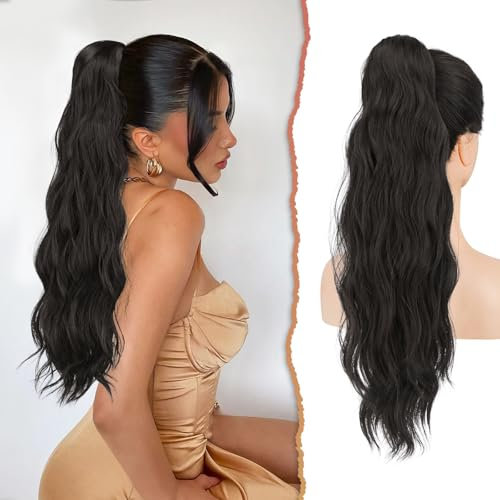 Sofeiyan Queue de Cheval Ondulée, 56 cm, Bouclés, Synthétiques, Brun Noir