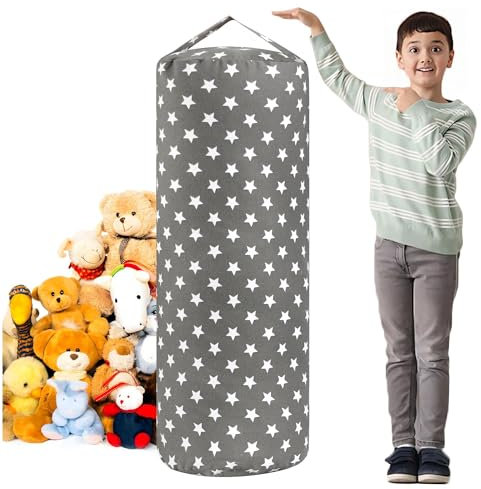 LAHAQIQI Stuffed Animal Storage Bean Bag Cover for Kids Plush Toys Organizer Bags for Boys and Girls A Full-length Zipper Cylinder Room Furniture Decor - Organize, Sit, Play & Box (Grey Stars)