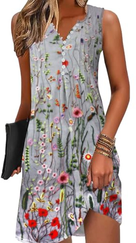 GRMLRPT Robe Été Femme de Plage Bohème Rétro Robes Col V Robes au Genou sans Manches Imprimé Floral Casual Tuniques Ample(Multicolore,S-XXL)