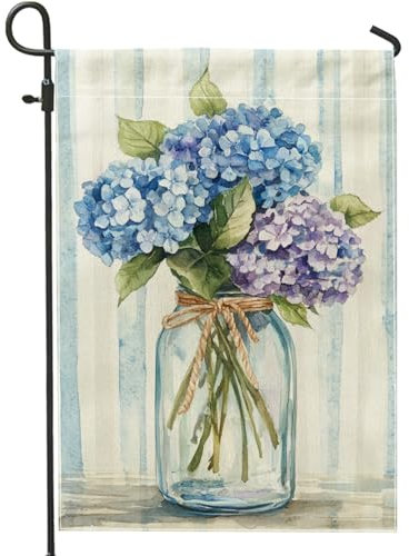 Drapeau de jardin d'hortensia printanier et été, bannière florale bleue et violette, bannière de décoration extérieure, drapeau double face en toile de jute pour décoration de maison et de pelouse