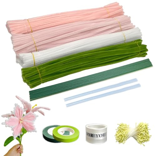 300 Pezzi Scovolini per Lavoretti, Colorati Scovolini per Progetti Artigianali di Bouquet di Fiori di Tulipani con filo fiorale, rotoli di nastro adesivo per lavori manuali per fare bouquet DIY Rose