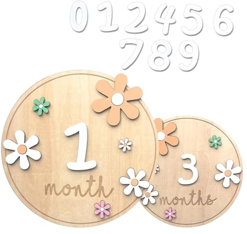 1 tarjeta de hitos de madera para bebé, diseño de flores coloridas, con puntos adhesivos, accesorios de madera para fotos de 0 a 12 meses, registro de crecimiento para baby shower (redondo)