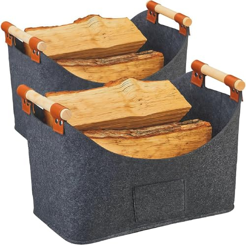 2-Pack Felt Firewood Baskets with Wooden Handles, 57L Foldable Log Holder for Indoor/Outdoor Fireplace, Storage Bag for Wood, Toys, Newspapers & Magazines (Dark Grey)