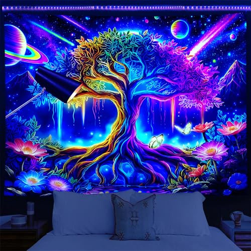 Yosugar Arazzo da parete resistente ai raggi UV, luce nera, psichedelico, colorato, per camera da letto, soggiorno (albero della vita, 230 L x 180 B, senza cornice)