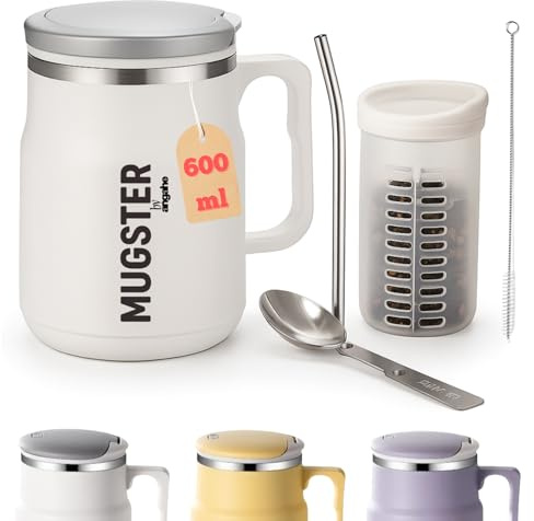 ANGAHE creating moments | Taza Termo para Café o Té Portátil 600ml, Sin BPA, Aluminio 304, Taza Térmica Reutilizable Viaje u Oficina | Mantiene Frío y Calor | Con Cuchara Plegable, Pajita aluminio.