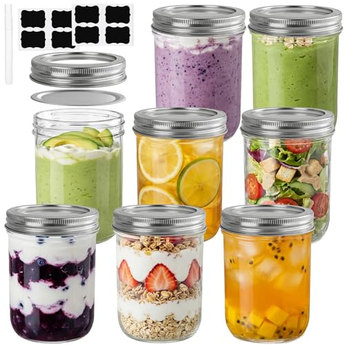 Otauoaea Pack de 8 Tarros de Cristal con Tapa Hermética - 450ml Mason Jar, Botes de Cristal Tarros Mason, Frascos de Vidrio con Tapa para Yogur, Avena Nocturna, Mermelada, Conservas, Salsas, Miel