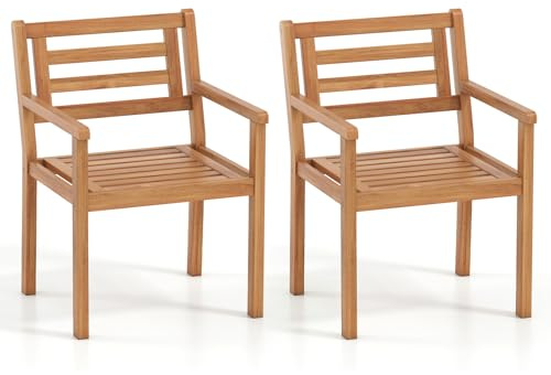 COSTWAY Lot de 2 Chaises de Jardin en Bois d'Acacia, Charge 180 kg | Chaises Salle a Manger avec Accoudoirs, Dossier Incliné et Lattes, Fauteuils pour Terrasse Patio Balcon, 56 x 56 x 80 cm
