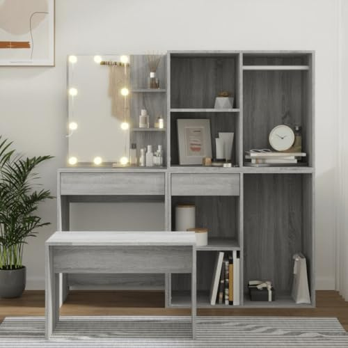 Ziaphsol Sminkbord set med LED i grått Sonoma, trämaterial och akryl, med spegel, pall, överskåp och underskåp, 60 x 40 x 140 cm, lagringsutrymme för sovrum