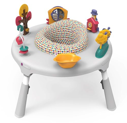 ORIBEL PortaPlay Convertible 3-in-1 Baby Activity Center & Play Table | Patented Bouncy Seat | Stable Foot Support | 5 Months+ | Development Focused Toys (Wonderland Adventure, Grey)