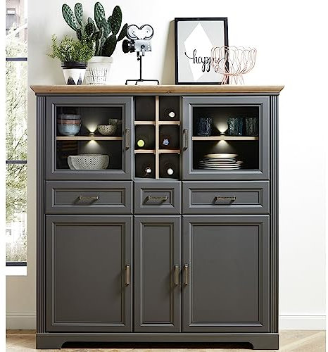 Lomadox Großes Landhaus Highboard in Graphit Grau inkl. LED-Beleuchtung & Flascheneinteilung