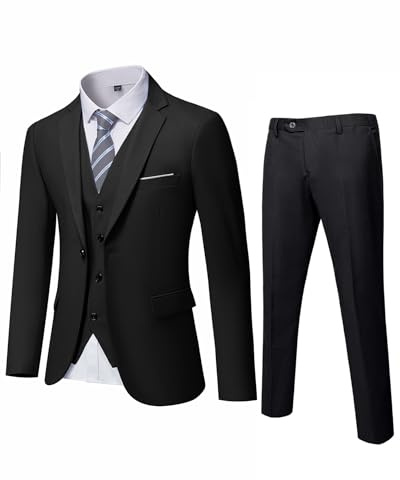 YND - Traje de 3 Piezas para Hombre, con un Solo botón, Chaqueta y Pantalones con Corbata - Negro - Large 5'9/6'3, 175/190 lbs