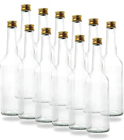 BAUER 12 Kleine Glasflaschen 500ml (0,5l) mit PP28 Schraubverschluss Gold – Leere, kleine Flaschen zum Befüllen, z.B. Leere Weinflaschen, kleine Schnapsflaschen, Likörflaschen 500 ml