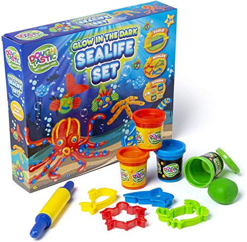 Glow in the Dark Underwater Sea Life Set Kids Play Dough Set Toy with Sea Creature Moulds Childrens Fun Creative Learning Present Gift Christmas Birthday