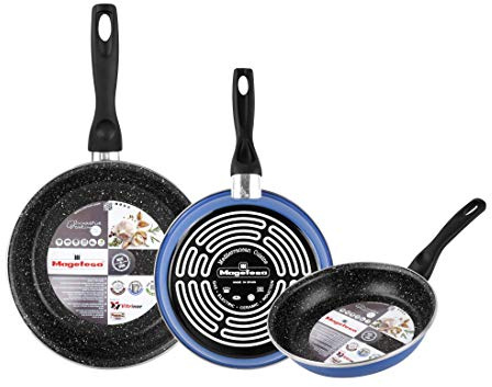 MAGEFESA K2 azul - Lote de 3 sartenes (20/24/28) cm exterior color azul. Antiadherente bicapa reforzado efecto piedra, apta para todo tipo de cocinas, especial inducción. 50% de ahorro energético.