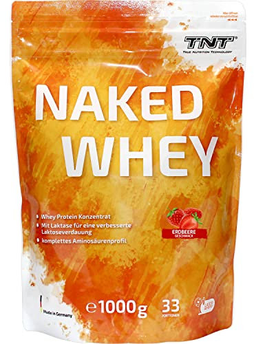 TNT Naked Whey Protein Pulver (1kg) • Eiweißpulver mit Laktase für Protein Shake, Backen & Kochen • Tolle Löslichkeit & leckerer Geschmack (Erdbeere)
