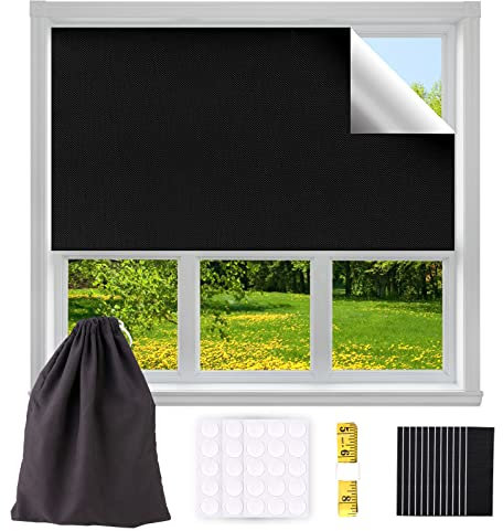 Store Occultant Portable sans Perçage, 300 x 145cm Store Occultant Thermo Protection Solaire 45 Viscose Ronde et 12paires Attaches Auto-adhésives Store Occultant Temporaires pour Bébé Chambre Camping