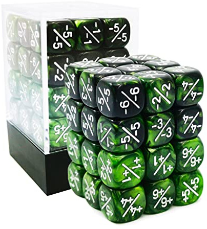 BESCON DICE 36 st 12 mm positiva och negativa tärningsräknare marmorgrön + tvillingar grön och svart set, Small Token Dice kompatibel med MTG, CCG, kortspel